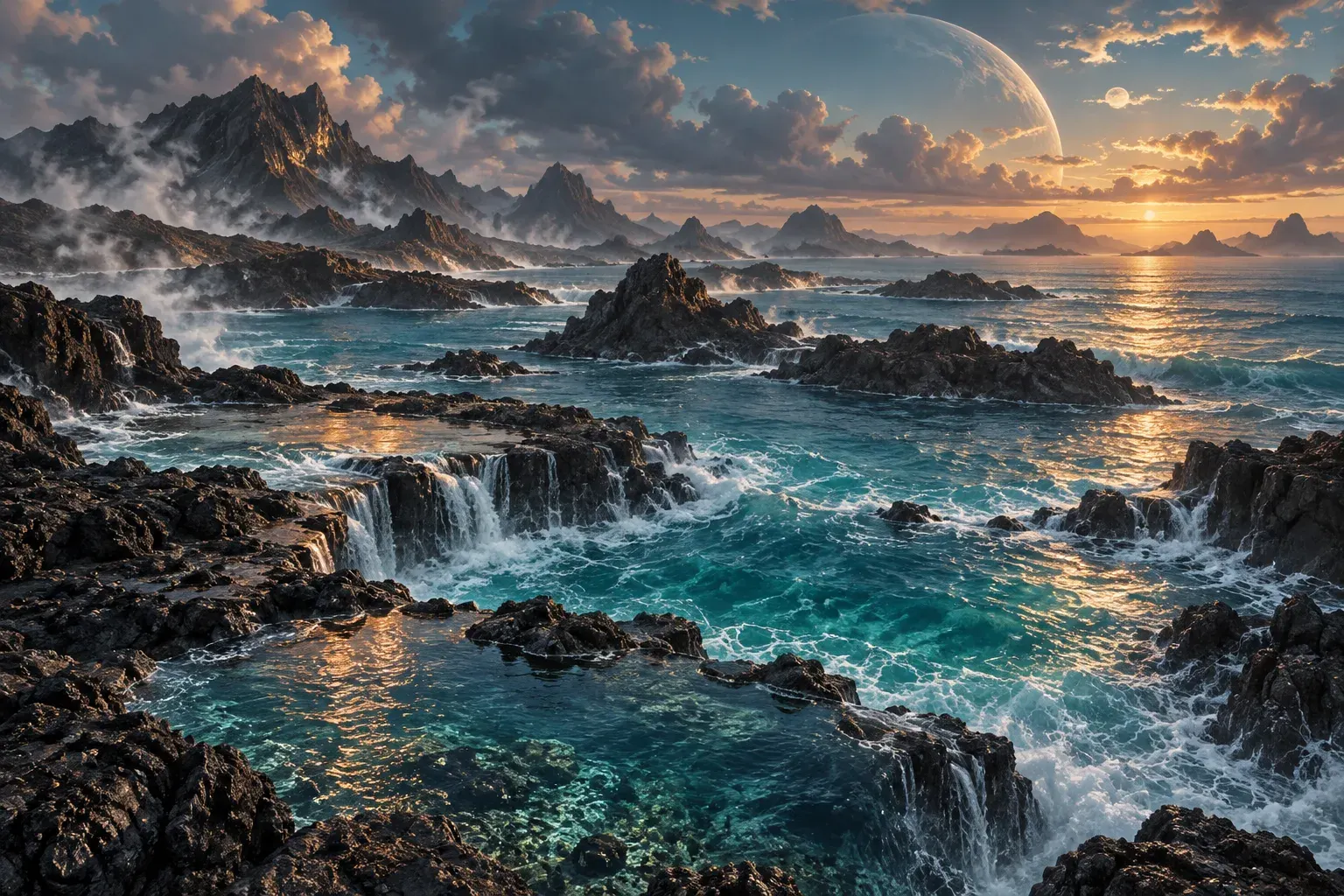 The first sea breaking over dark volcanic rock.