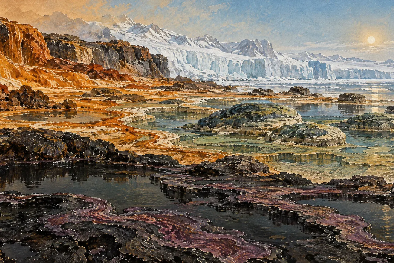 Rust-colored shores below a sky that is changing, with ice on the horizon.