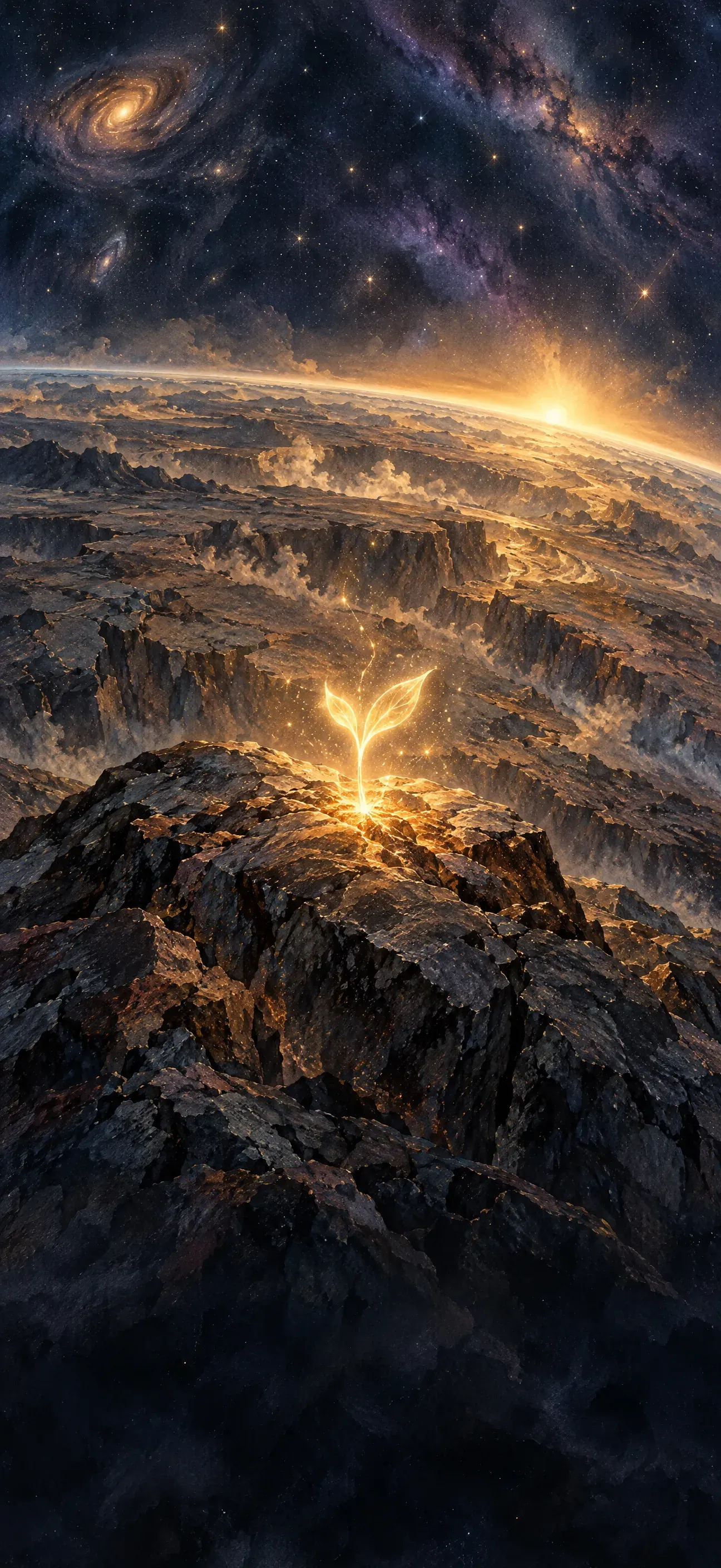 A small sprout of light on the rocky surface of a young planet.